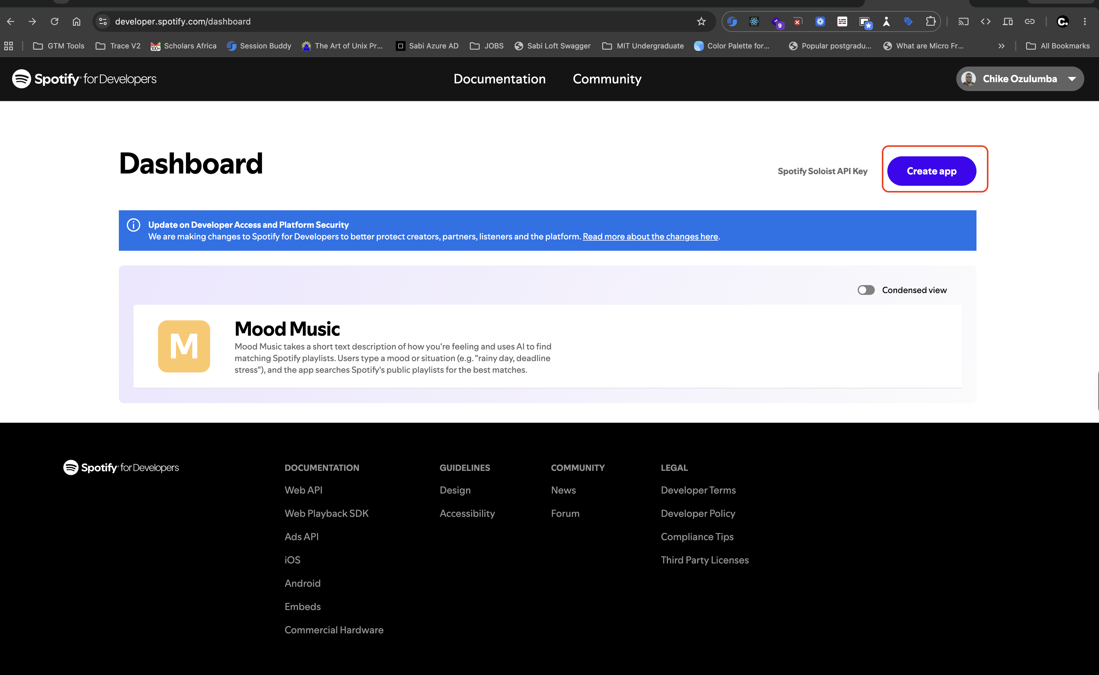 Spotify Developer Dashboard with the Create app button highlighted.