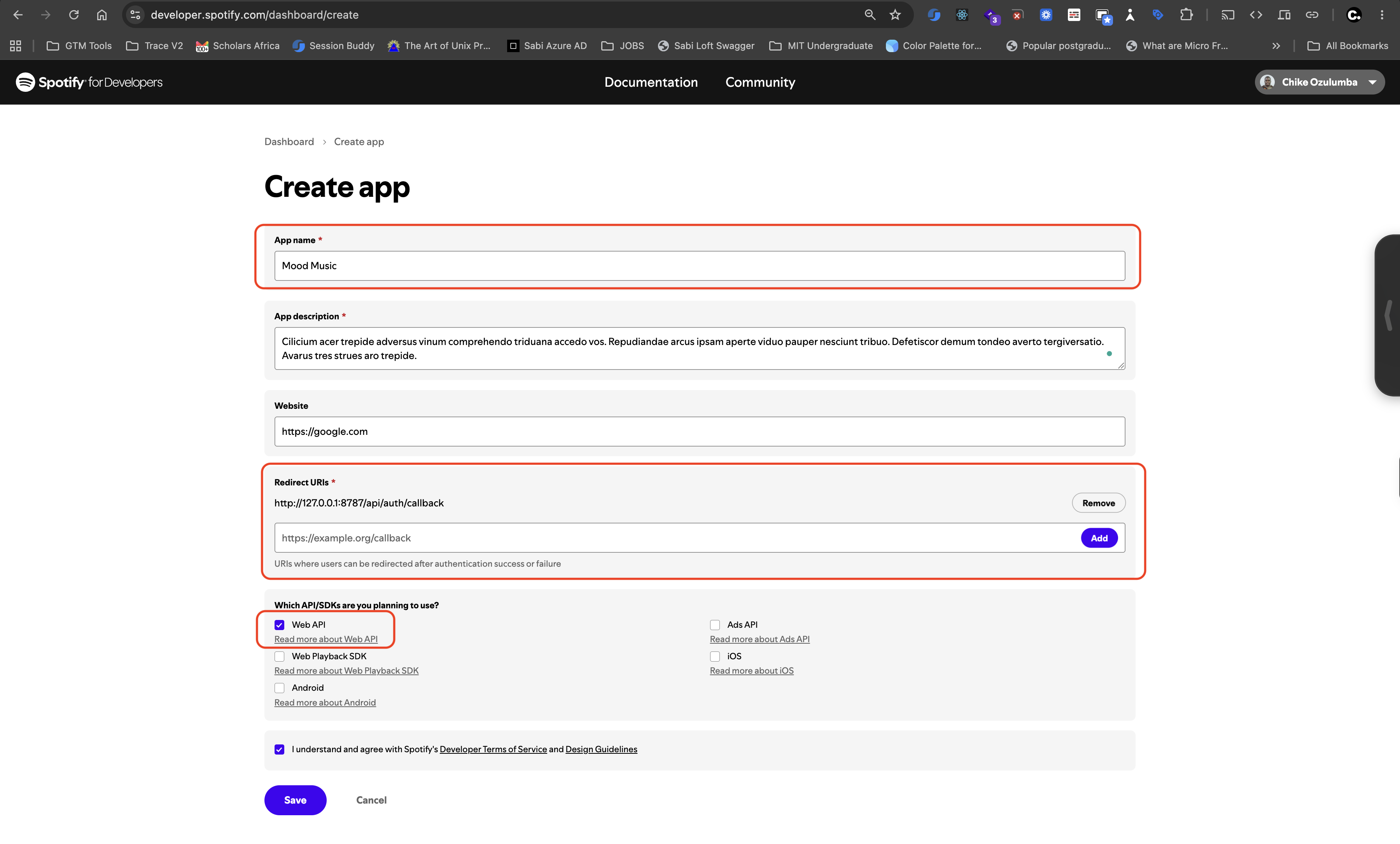 Create app form with the app name, redirect URIs, and Web API highlighted.